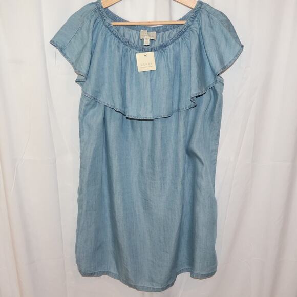 NWT Hinge Top One Size Blue Chambray Ruffled Elastic Neck - Picture 3 of 15